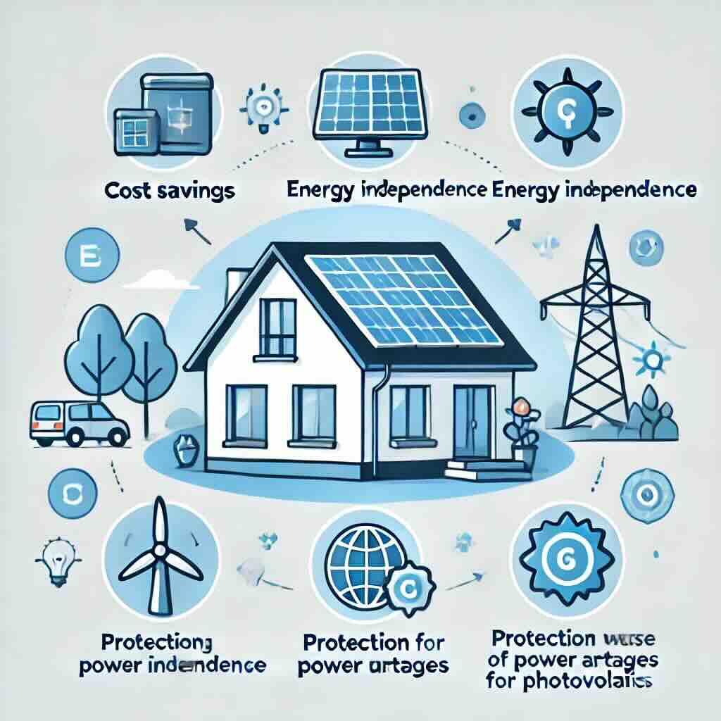 Ilustracja przedstawiająca korzyści posiadania magazynu energii: niższe rachunki za prąd, niezależność energetyczna, ochrona przed awariami oraz efektywne wykorzystanie energii słonecznej z fotowoltaiki